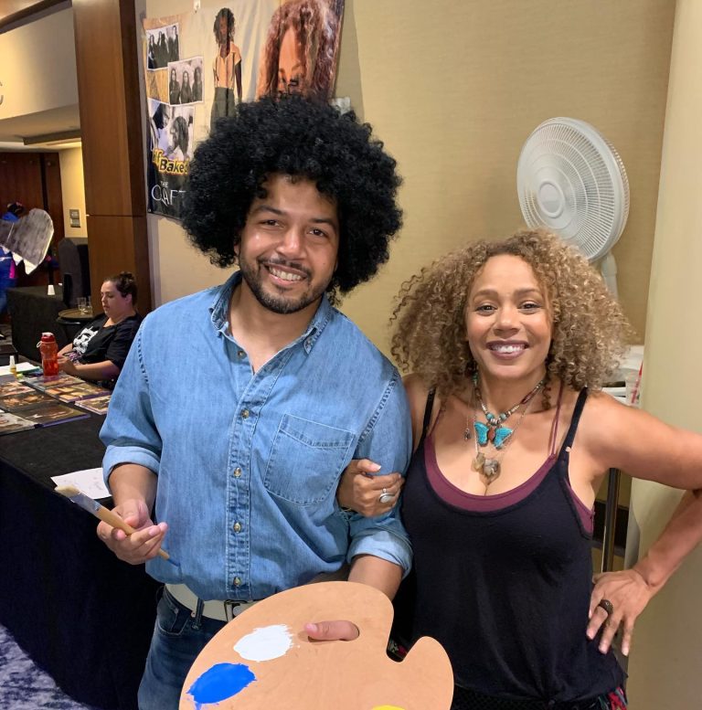 Bob Ross costume with Rachel True at Blerdcon